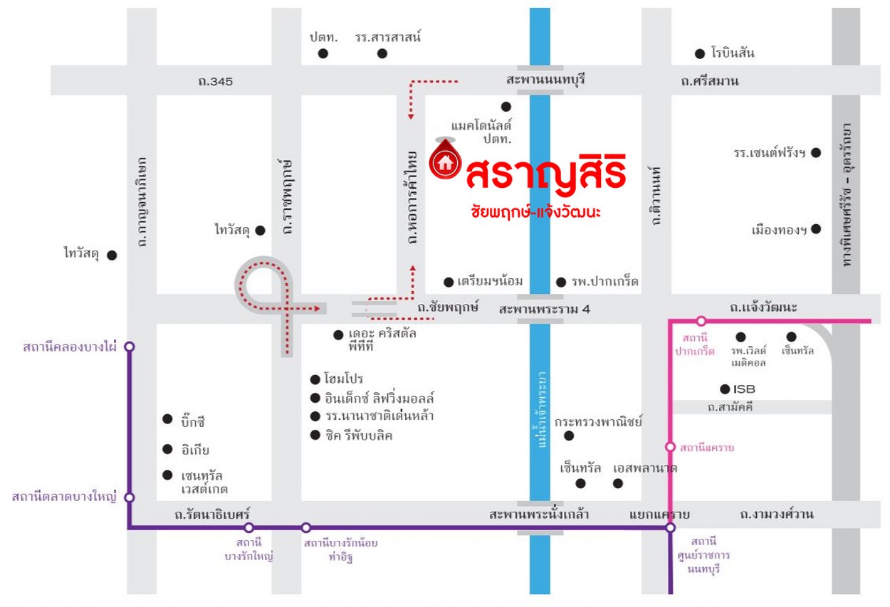บ้านเดี่ยวมือสองนนทบุรี โครงการ สราญสิริ ชัยพฤกษ์-แจ้งวัฒนะ เนื้อที่ 50.40 ตร.ว. พื้นที่ใช้สอย 160 ตร.ม. ฟังก์ชัน 3 ห้องนอน 3 ห้องน้ำ 2 ที่จอดรถ บ้านสภาพดี ขายพร้อมเฟอร์นิเจอร์บิ้วท์อิน บนทำเลเดินทางสะดวก ใกล้รถไฟฟ้าสายสีชมพู "สถานีห้าแยกปากเกร็ด" และทางพิเศษอุดรรัถยา